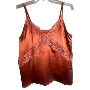 Elegant Lace Trim Satin Blouse - Rust